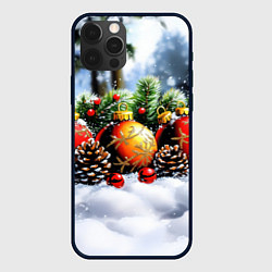 Чехол для iPhone 12 Pro Красные и желтый новогодние шары, цвет: 3D-черный