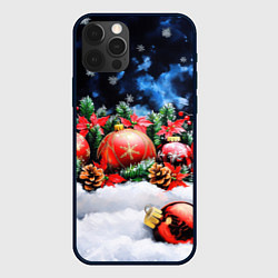 Чехол для iPhone 12 Pro Новогодние игрушки на снегу, цвет: 3D-черный