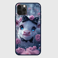 Чехол для iPhone 12 Pro Маленький теленок в розах, цвет: 3D-черный