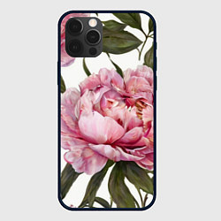 Чехол для iPhone 12 Pro Розовые пионы на белом, цвет: 3D-черный