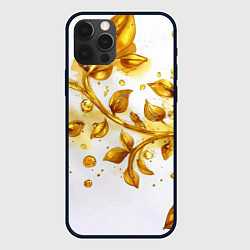Чехол для iPhone 12 Pro Золотые листья на белом, цвет: 3D-черный