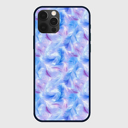 Чехол для iPhone 12 Pro Узор из голубых и сиреневых перьев, цвет: 3D-черный