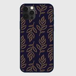 Чехол для iPhone 12 Pro Паттерн с бронзовыми листьями на тёмно-синем, цвет: 3D-черный