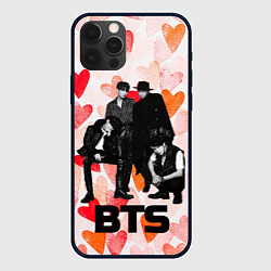 Чехол для iPhone 12 Pro BTS на фоне сердечек, цвет: 3D-черный