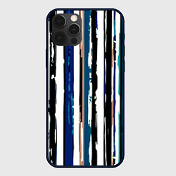 Чехол для iPhone 12 Pro Вертикальные полосы чёрно-бело-бирюзовый, цвет: 3D-черный