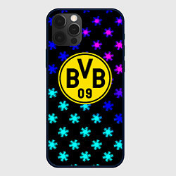 Чехол для iPhone 12 Pro Borussia неоновые снежинки, цвет: 3D-черный