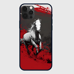 Чехол для iPhone 12 Pro Белая лошадь - красный фон, цвет: 3D-черный