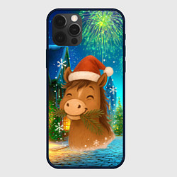 Чехол для iPhone 12 Pro Новогодняя лошадка жует елочные ветки, цвет: 3D-черный