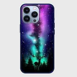 Чехол для iPhone 13 Pro Силуэт оленя северное сияние, цвет: 3D-тёмно-синий