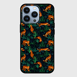 Чехол для iPhone 13 Pro Паттерн из Тигров и Растений, цвет: 3D-черный