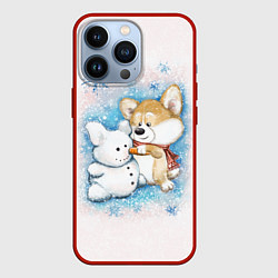 Чехол для iPhone 13 Pro Корги и снеговик, цвет: 3D-красный