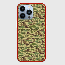 Чехол для iPhone 13 Pro Динозавры камуфляж, цвет: 3D-красный