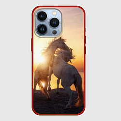 Чехол для iPhone 13 Pro Лошади на закате, цвет: 3D-красный