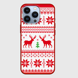 Чехол для iPhone 13 Pro Новогодний узор с оленями, цвет: 3D-красный