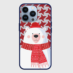 Чехол для iPhone 13 Pro Белый мишка в шапочке и шарфе, цвет: 3D-тёмно-синий