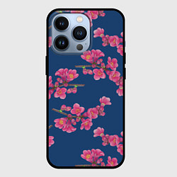 Чехол для iPhone 13 Pro Веточки айвы с розовыми цветами на синем фоне, цвет: 3D-черный
