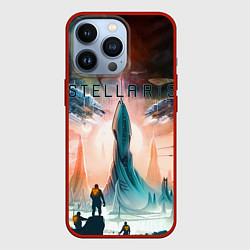 Чехол для iPhone 13 Pro Stellaris космические корабли на фоне башни, цвет: 3D-красный