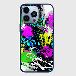 Чехол для iPhone 13 Pro Разноцветные пятна краски на черном фоне, цвет: 3D-тёмно-синий