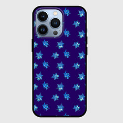 Чехол iPhone 13 Pro Цветы Фиолето-Белые Гибискус На Синем Фоне