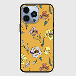 Чехол для iPhone 13 Pro Цветы Нарисованные На Золотом Фоне, цвет: 3D-черный