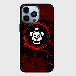 Чехол iPhone 13 Pro Символ FNAF и краска вокруг на темном фоне