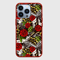 Чехол для iPhone 13 Pro Мафия - кастеты, гранаты, пистолеты и розы, цвет: 3D-красный