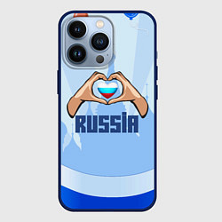 Чехол для iPhone 13 Pro Люблю Россию - сердечко руками, цвет: 3D-тёмно-синий