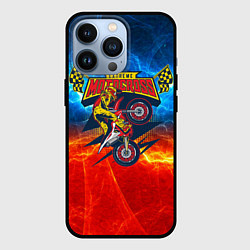 Чехол iPhone 13 Pro Extreme motocross: мотоциклист на фоне огня