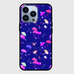 Чехол iPhone 13 Pro Неоновые зонтики на фиолетовом фоне
