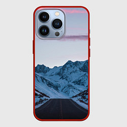 Чехол для iPhone 13 Pro Белые зимние горы с дорогой, цвет: 3D-красный