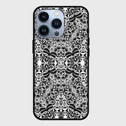 Чехол iPhone 13 Pro Черно-белый ажурный кружевной узор