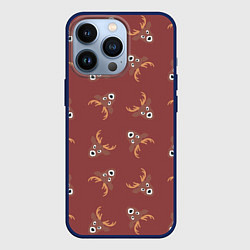 Чехол для iPhone 13 Pro Эстетика: праздничные олени на бордовом фоне, цвет: 3D-тёмно-синий