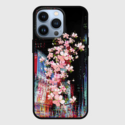 Чехол iPhone 13 Pro Ветка сакуры на фоне ночного Токио - glitch