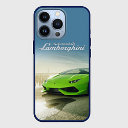 Чехол для iPhone 13 Pro Ламборджини на берегу океана, цвет: 3D-тёмно-синий