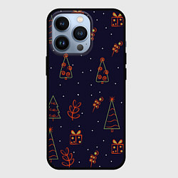Чехол для iPhone 13 Pro Елочки и подарки на синем фоне, цвет: 3D-черный