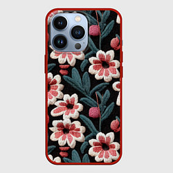 Чехол для iPhone 13 Pro Эффект вышивки цветы, цвет: 3D-красный