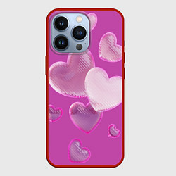 Чехол для iPhone 13 Pro Сердца на розовов фоне, цвет: 3D-красный