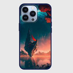 Чехол для iPhone 13 Pro Абстрактный летающий корабль и луна, цвет: 3D-тёмно-синий