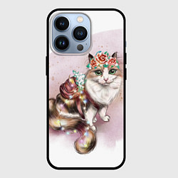 Чехол iPhone 13 Pro Милая кошечка с цветами