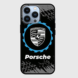 Чехол для iPhone 13 Pro Porsche в стиле Top Gear со следами шин на фоне, цвет: 3D-черный