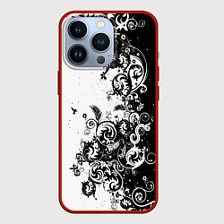 Чехол iPhone 13 Pro Черно-белая птица среди узорчатых цветов