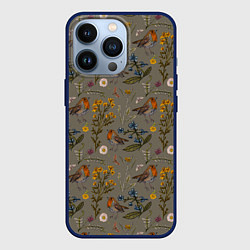 Чехол для iPhone 13 Pro Малиновки и зверобой, цвет: 3D-тёмно-синий