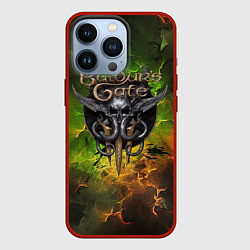 Чехол iPhone 13 Pro Baldurs Gate 3 logo dark green fire