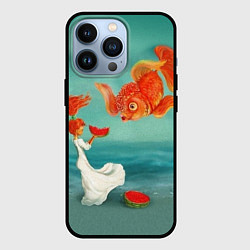 Чехол для iPhone 13 Pro Девочка с арбузом и золотая рыбка, цвет: 3D-черный