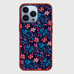 Чехол для iPhone 13 Pro Цветочный паттерн в синих и сиреневых тонах, цвет: 3D-красный