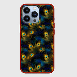 Чехол для iPhone 13 Pro Перья павлина на черном фоне, цвет: 3D-красный