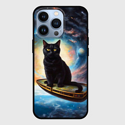 Чехол iPhone 13 Pro Черный кот на космическом корабле летящий в космос