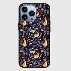 Чехол для iPhone 13 Pro Оранжевые зайчики в траве на синем фоне, цвет: 3D-черный