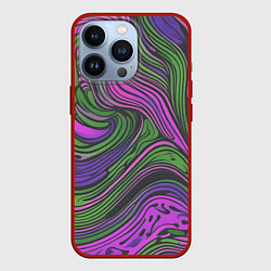 Чехол для iPhone 13 Pro Волнистый узор фиолетовый и зелёный, цвет: 3D-красный