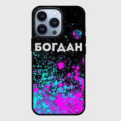 Чехол для iPhone 13 Pro Богдан и неоновый герб России: символ сверху, цвет: 3D-черный
